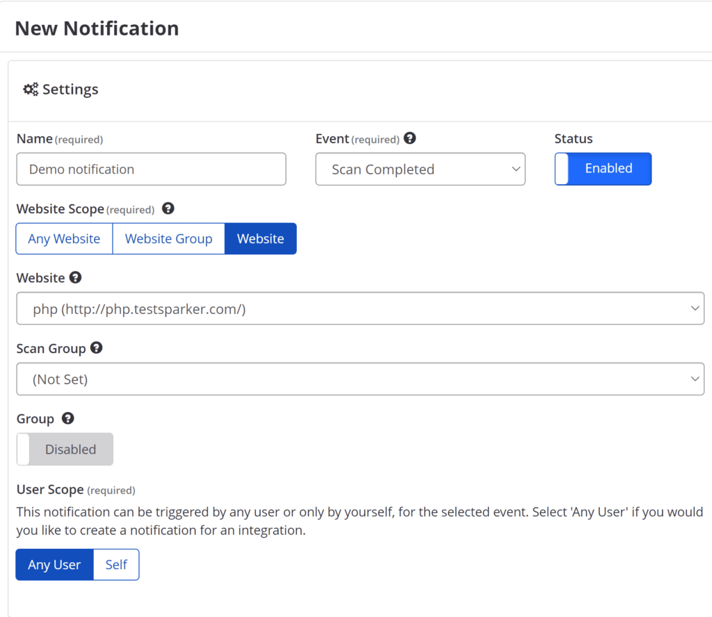 Notification settings section showing Name, Status, Event, Group, Website Scope, and User Scope fields