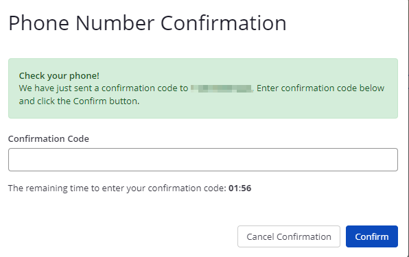 Phone Number Confirmation panel showing Send Confirmation Code button for SMS verification