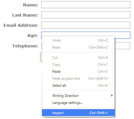Chrome browser context menu showing Inspect option for examining form input field