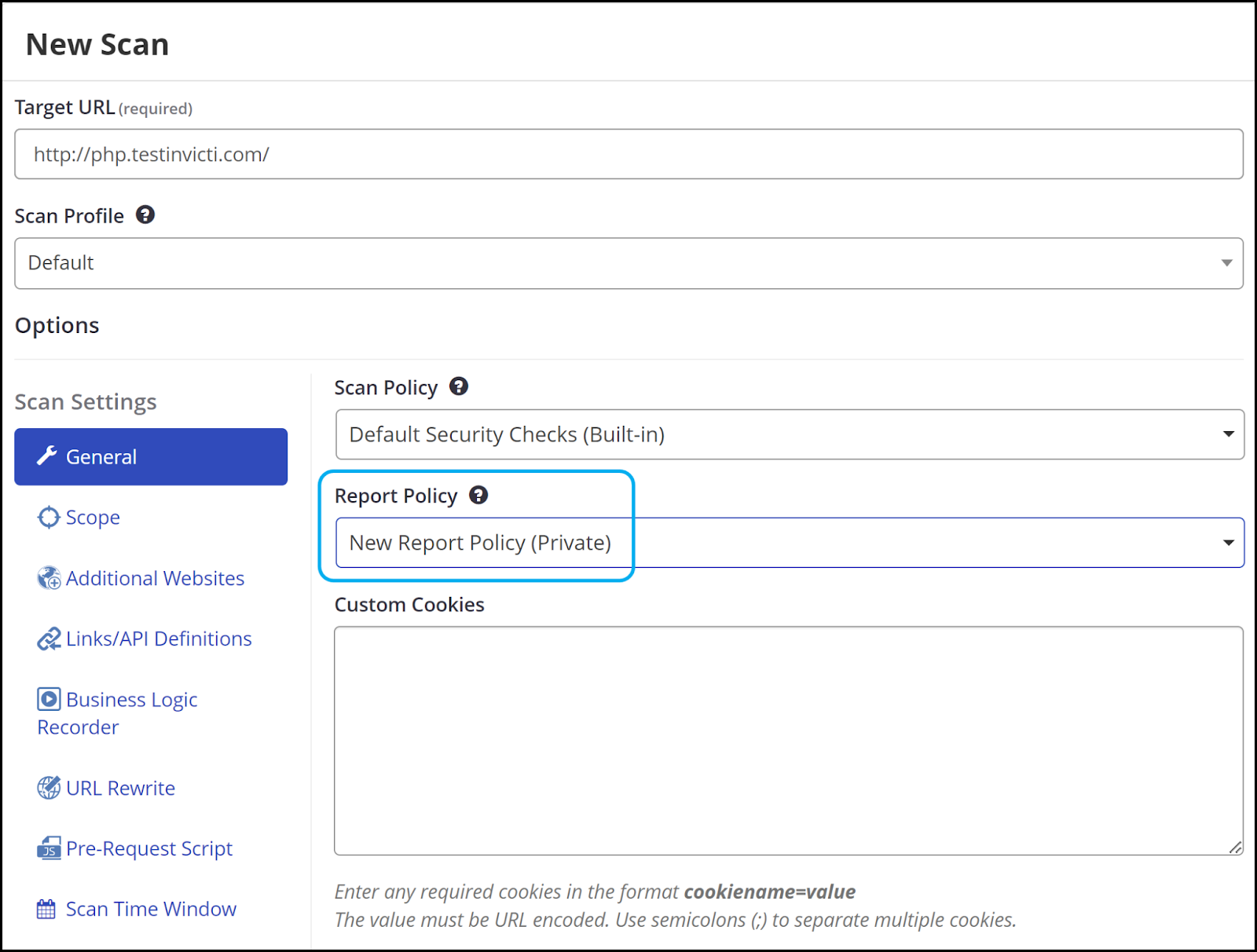New Scan interface showing Report Policy dropdown with custom report policy selection