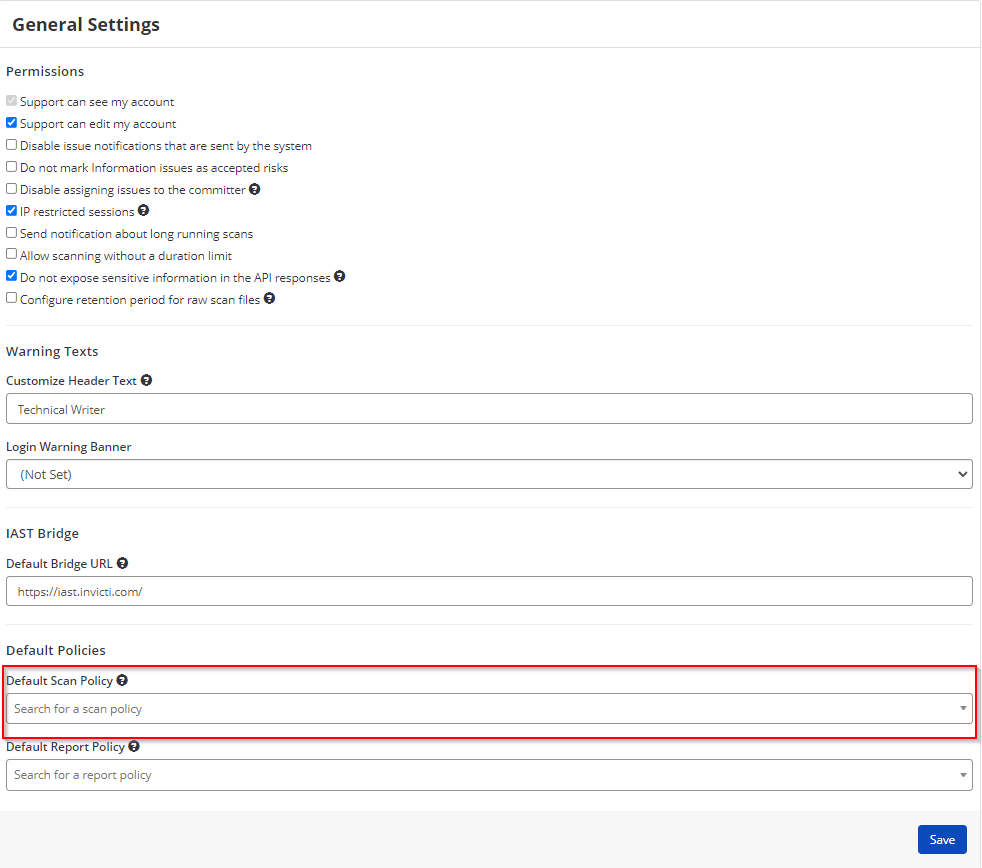 Setting default scan policy in Invicti Enterprise general settings.