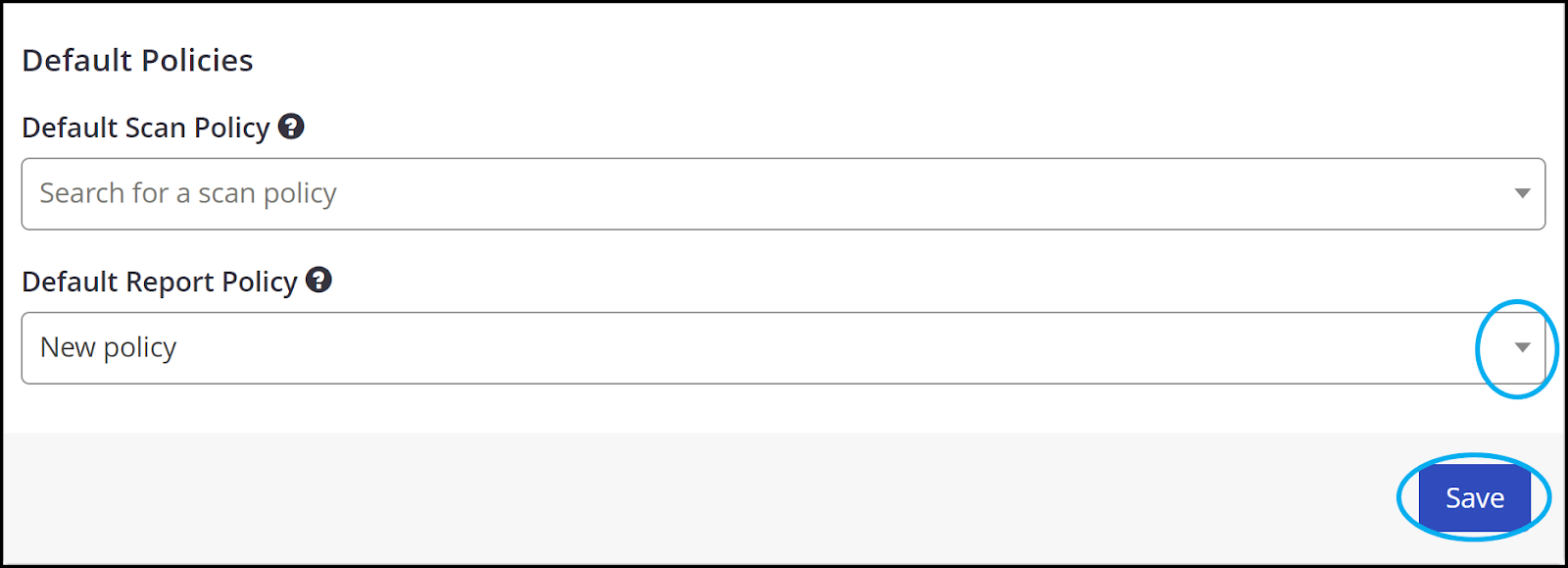 Default Policies section in Settings showing Default Report Policy dropdown menu