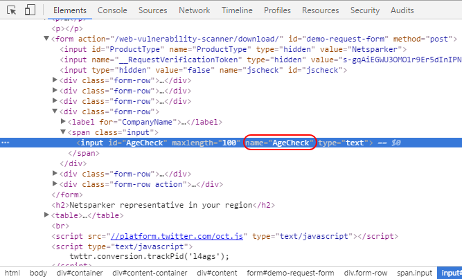 Chrome Developer Tools highlighting the name attribute value of an input field