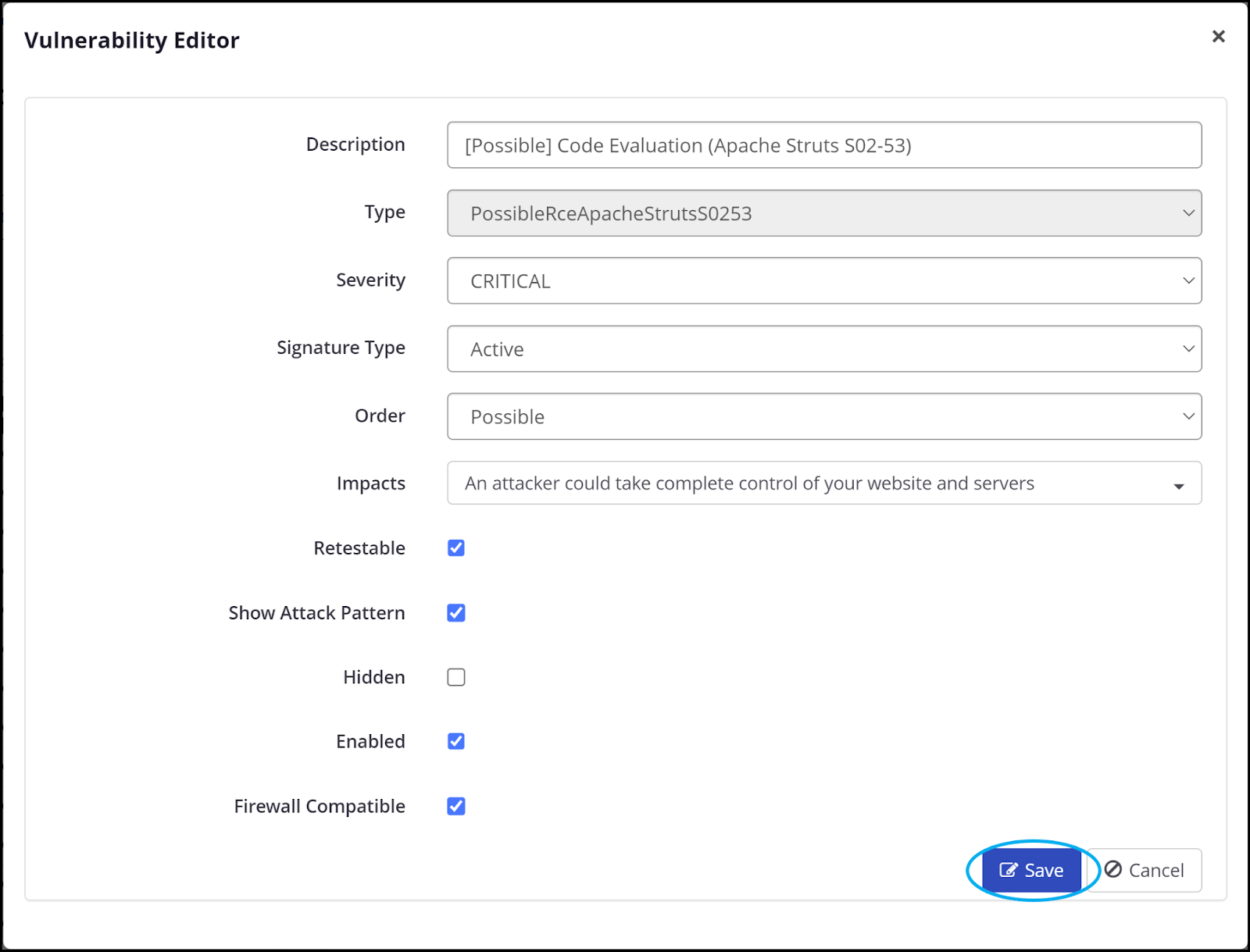 Edit Vulnerability dialog for modifying existing vulnerability settings