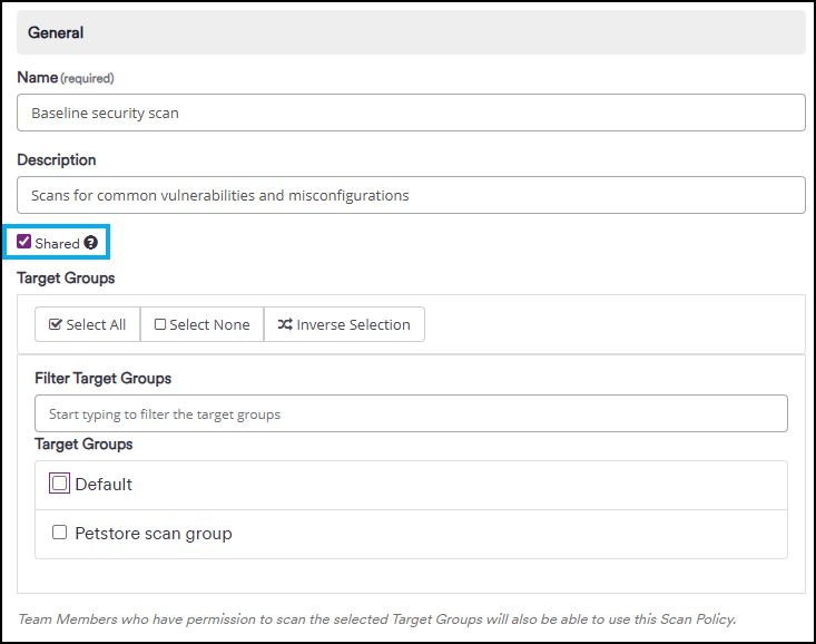New Scan Policy window with Shared field checkbox enabled