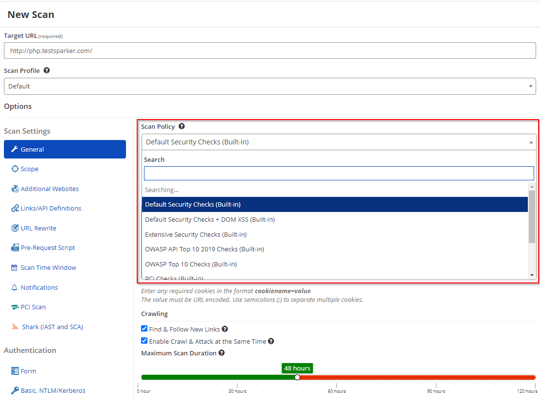 Scan policy selection in Invicti Enterprise new scan interface.