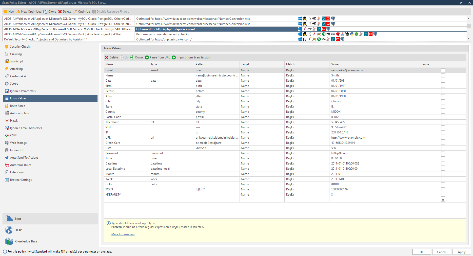 Form Values configuration interface in Invicti showing list of predefined form values