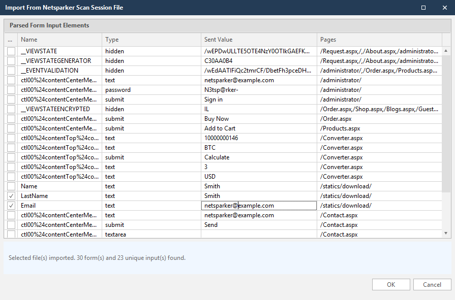 List of imported parameters showing Name, Type, Sent Value and Pages information