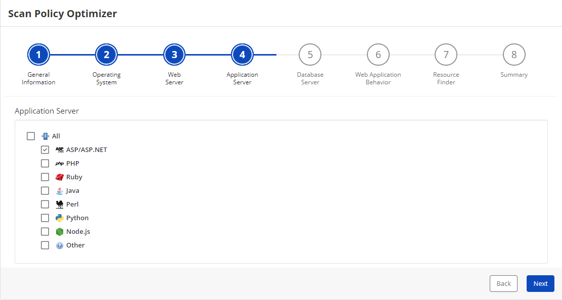 Invicti Enterprise Scan Policy Optimizer - Application Server Step showing application technology options