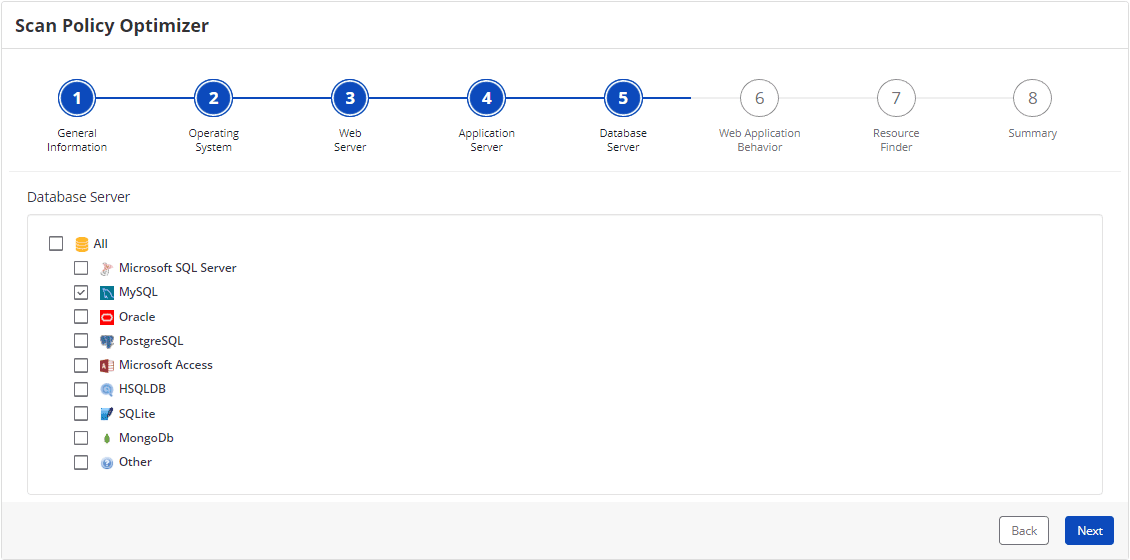 Invicti Enterprise Scan Policy Optimizer - Database Server Step showing database options