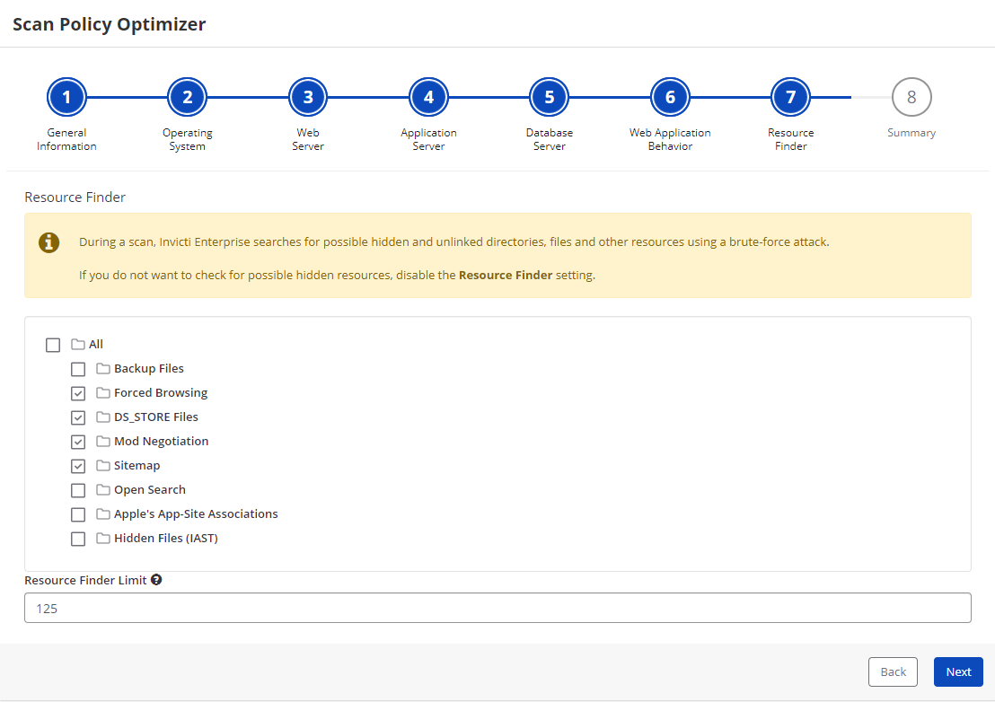 Invicti Enterprise Scan Policy Optimizer - Resource Finder Step showing resource discovery options