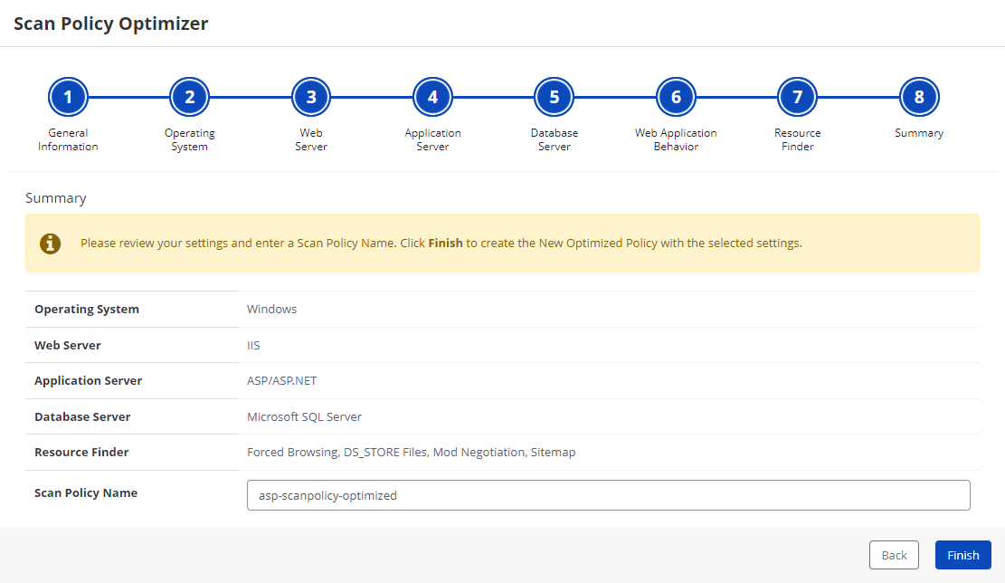 Invicti Enterprise Scan Policy Optimizer - Summary Step showing final configuration review