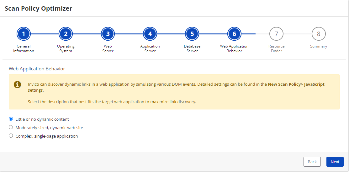 Invicti Enterprise Scan Policy Optimizer - Web Application Behaviour Step showing dynamic content options