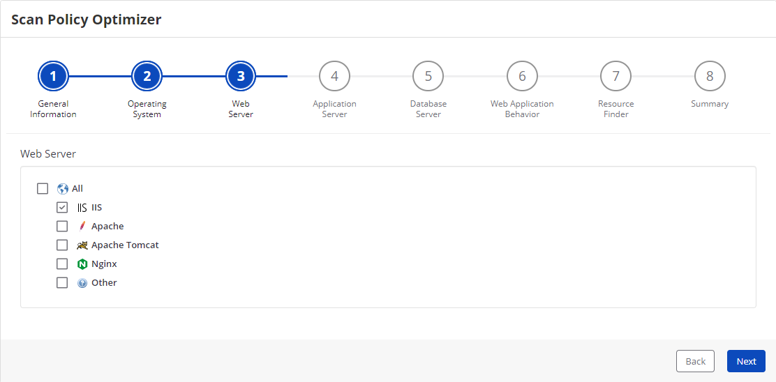 Invicti Enterprise Scan Policy Optimizer - Web Server Step showing web server software options