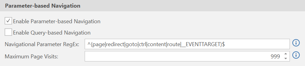 Invicti Standard Parameter-Based Navigation configuration panel showing various options and settings