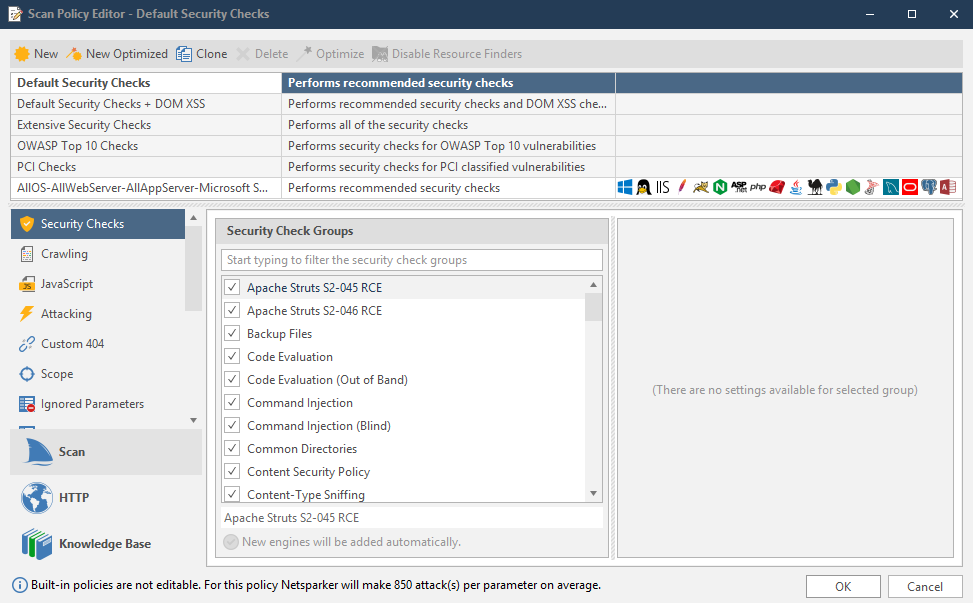 Invicti Standard Home tab interface showing Scan Policy Editor access