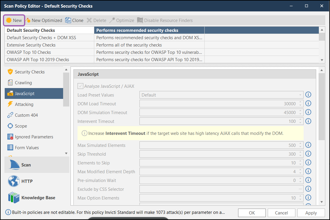 JavaScript analyzer configuration panel with Analyze JavaScript/AJAX checkbox enabled and related fields displayed