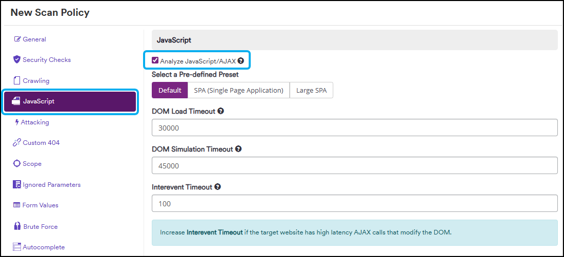 JavaScript tab configuration panel with Analyze JavaScript/AJAX checkbox highlighted for single-page application scanning