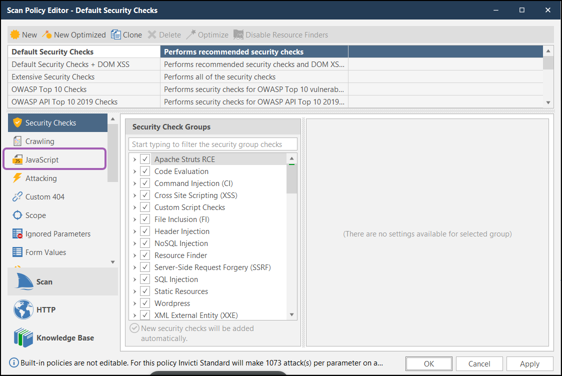 Scan Policy Editor dialog with JavaScript tab highlighted for configuration