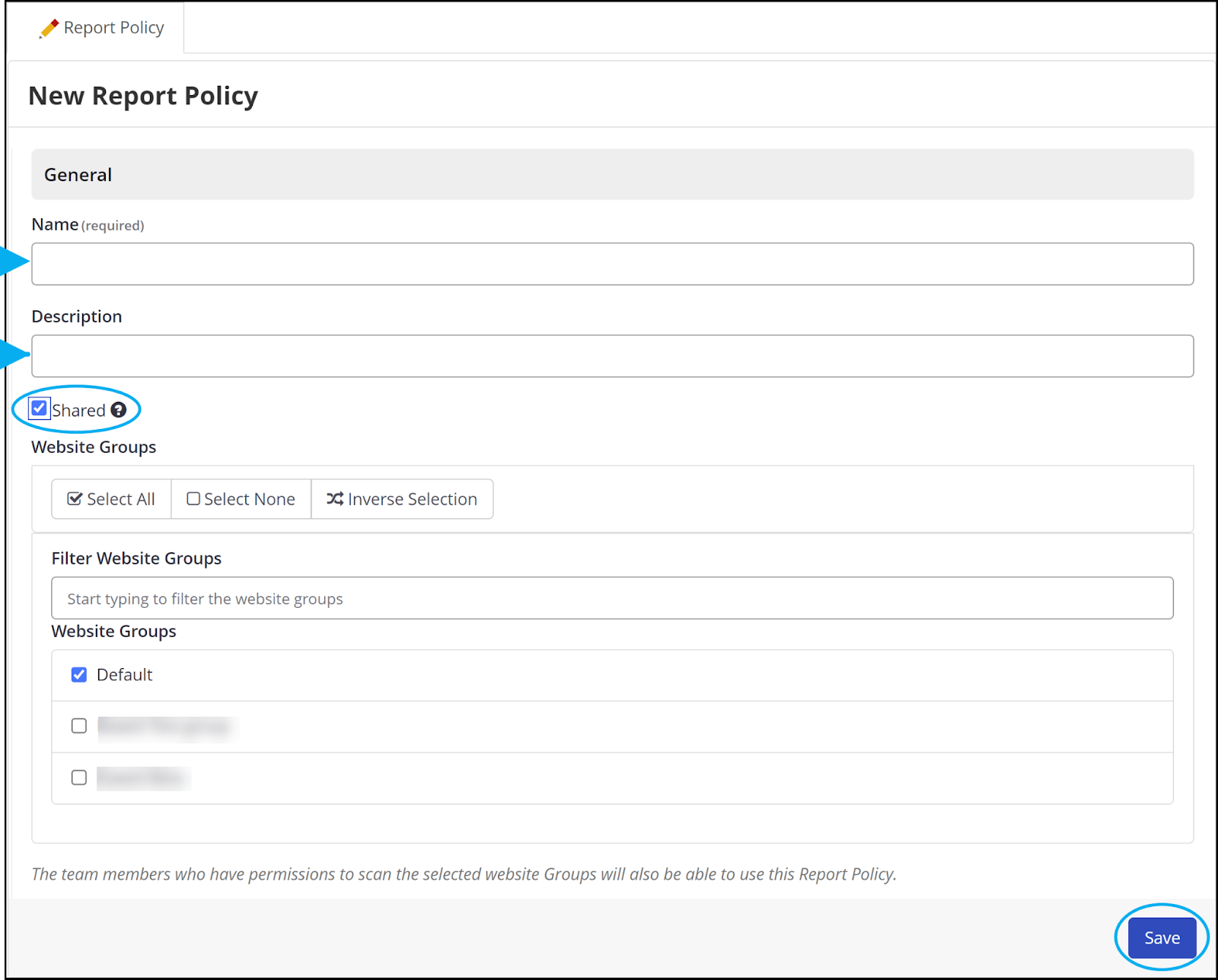 New Report Policy creation interface in Invicti Enterprise showing Name, Description, and Shared fields