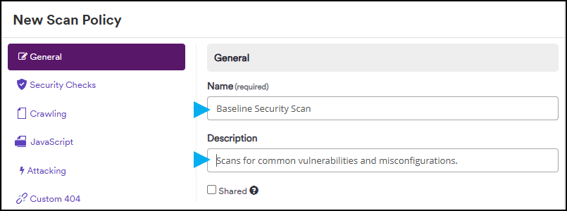 New Scan Policy creation interface showing navigation menu and policy configuration options