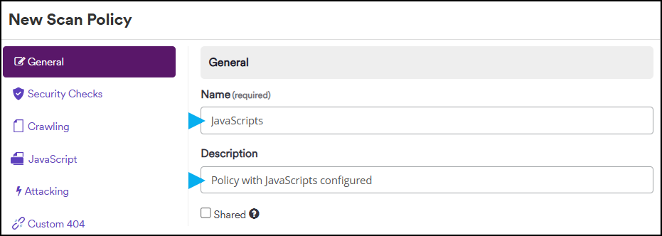 New Scan Policy creation interface showing name and description fields for policy configuration