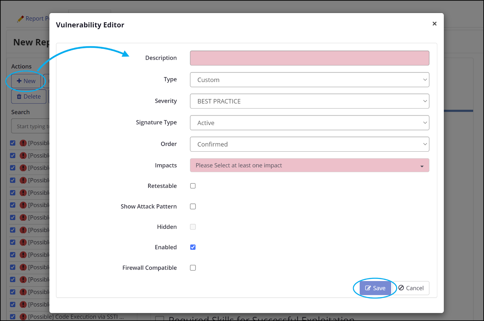 Vulnerability Editor dialog showing fields for creating new vulnerability entries