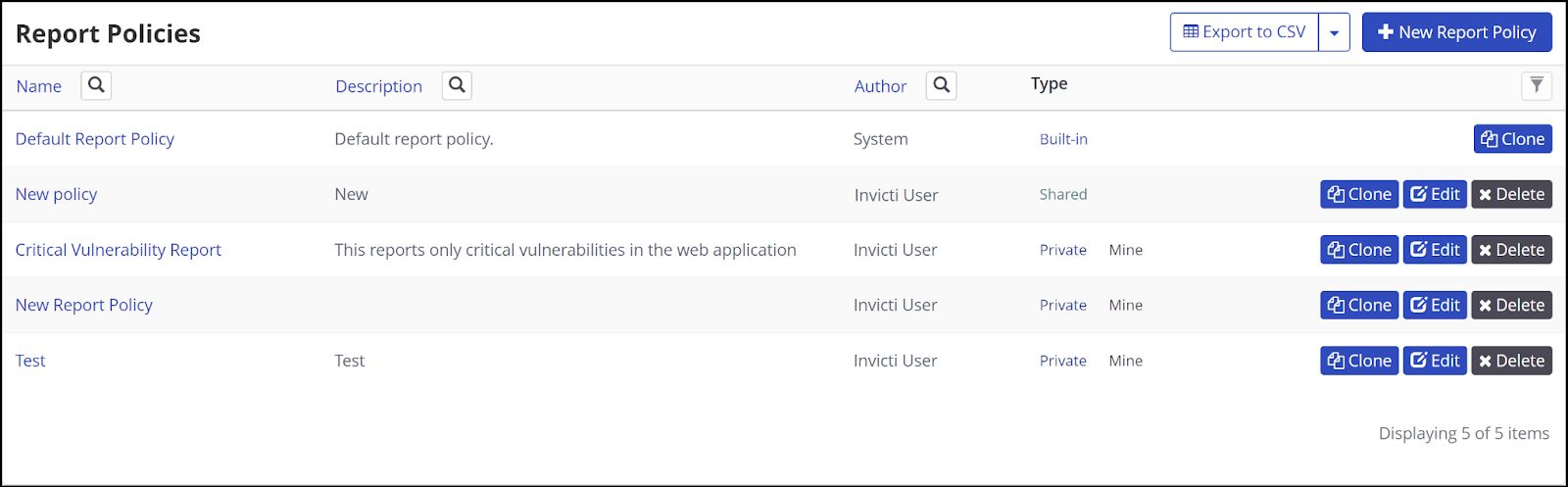 Invicti Enterprise report policies interface showing policy list and management options