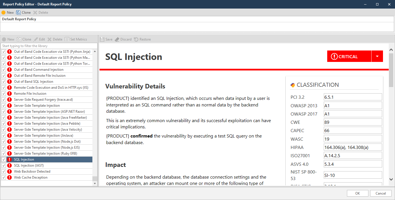 Invicti Standard Report Policy Editor showing policy management window