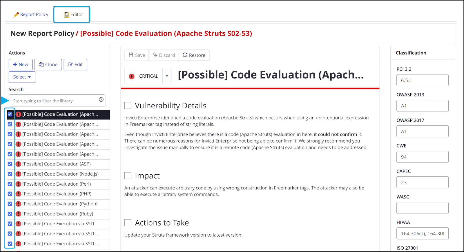 Report Policy Editor showing vulnerabilities library list with checkboxes for selection