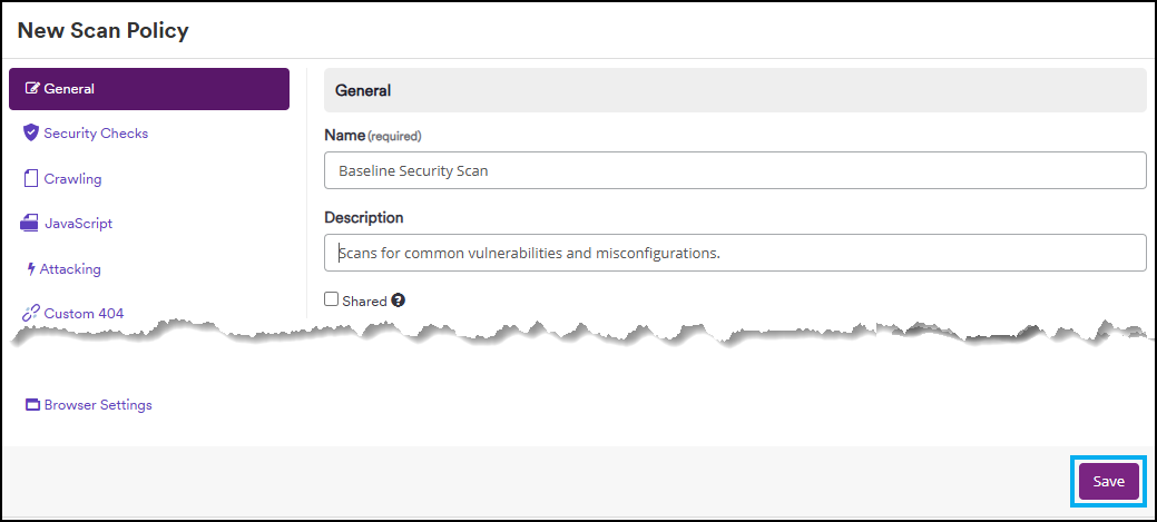Scan policy configuration interface showing multiple tabs for security checks, crawling, JavaScript, and other advanced settings