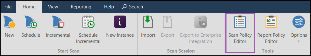 Home tab interface showing Scan Policy Editor selection option