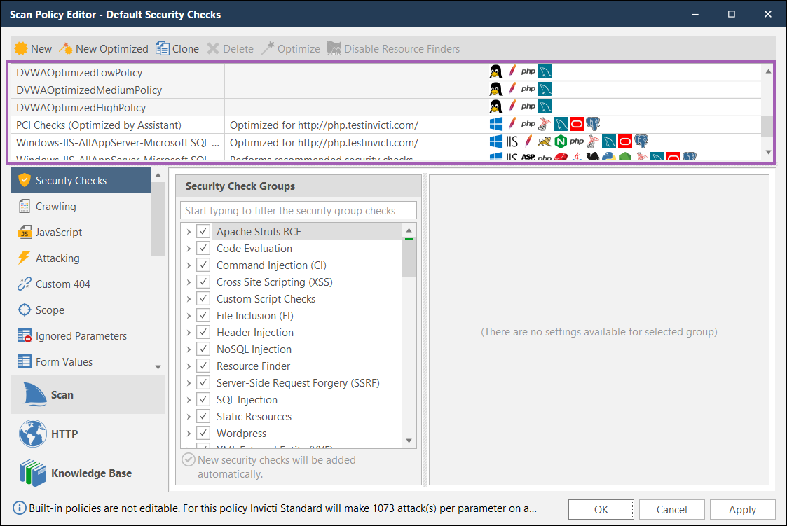 Scan Policy Editor dialog showing existing scan policies list