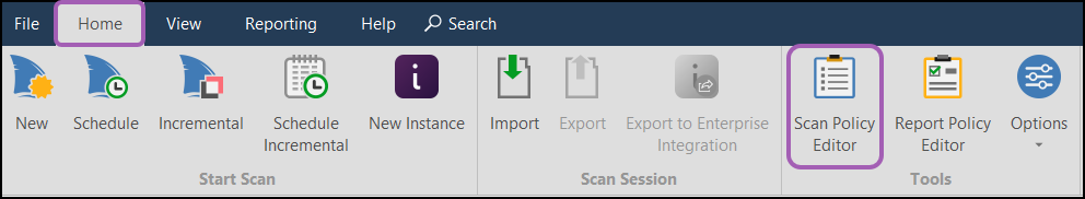 Home tab interface showing Scan Policy Editor access button