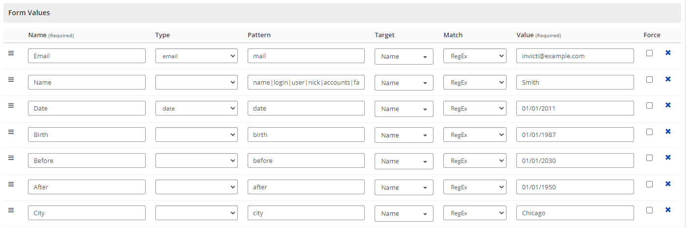 Scan Policy interface showing Form Values tab with configuration options
