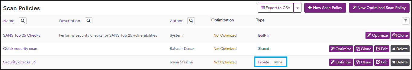 Scan policy types overview showing Default, Shared, Private, and Mine policy categories