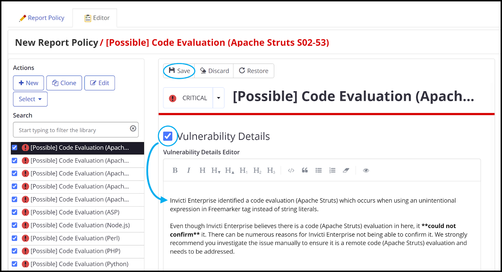 Vulnerability details editing interface showing editable fields and Save button