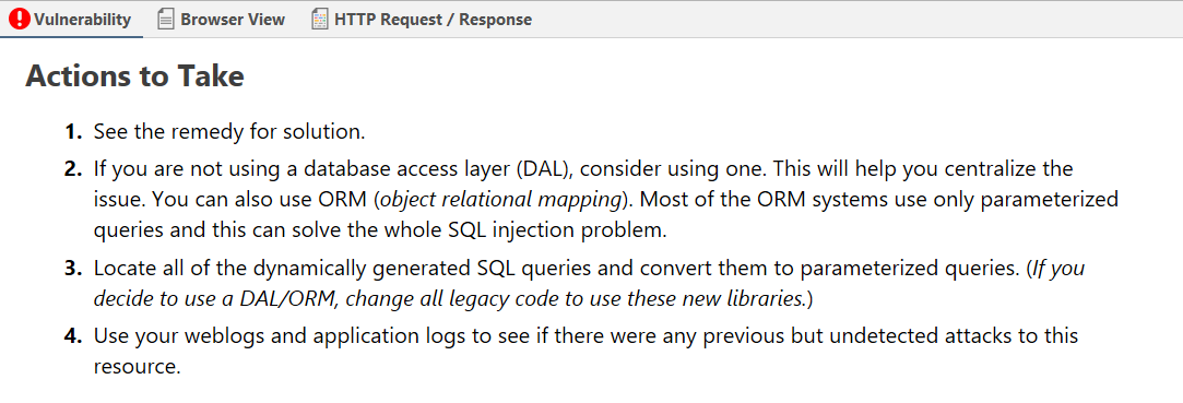 Actions to take section in the vulnerability details.