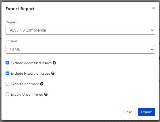 OWASP ASVS 4.0 compliance report dropdown