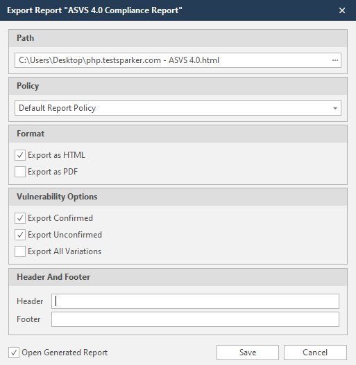 Export report dialog in Invicti Standard