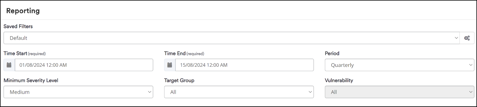Chart report configuration options showing time period, severity level, target group, and vulnerability selection