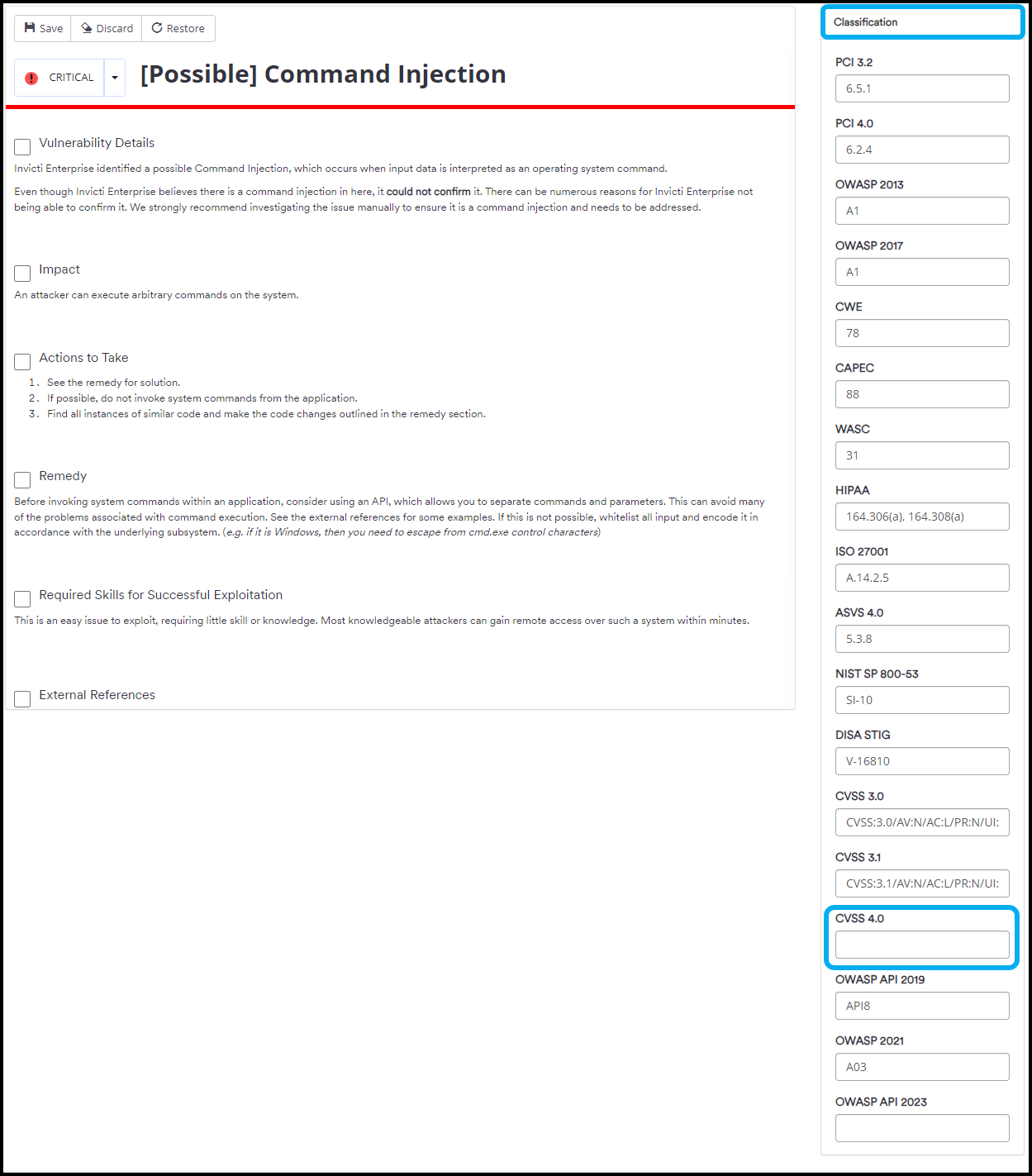 Classification panel showing CVSS 4.0 field for adding security standards to vulnerabilities