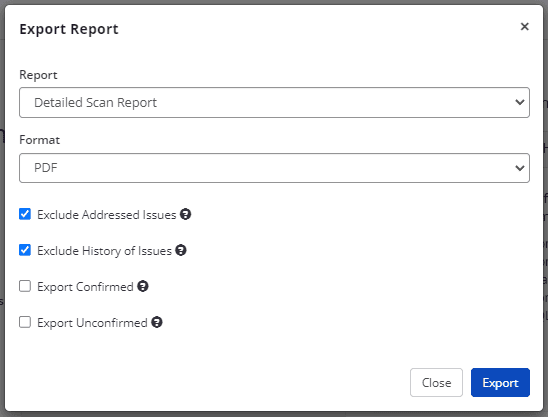 Detailed scan report export options.