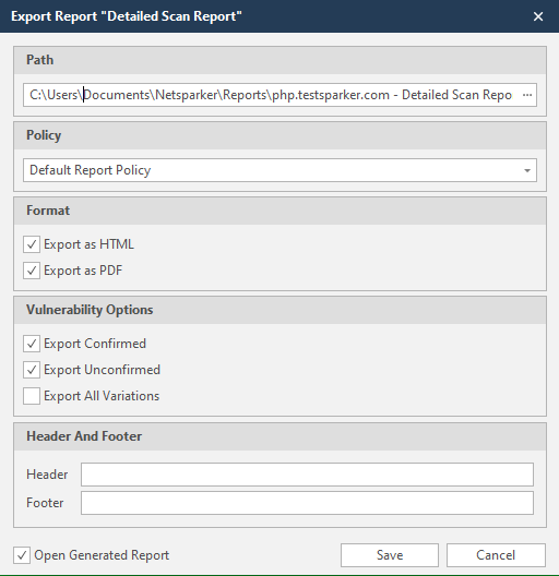Export Report dialog in Invicti Standard.