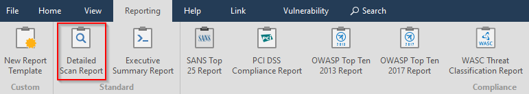 Reporting tab with Detailed scan report option in Invicti Standard.
