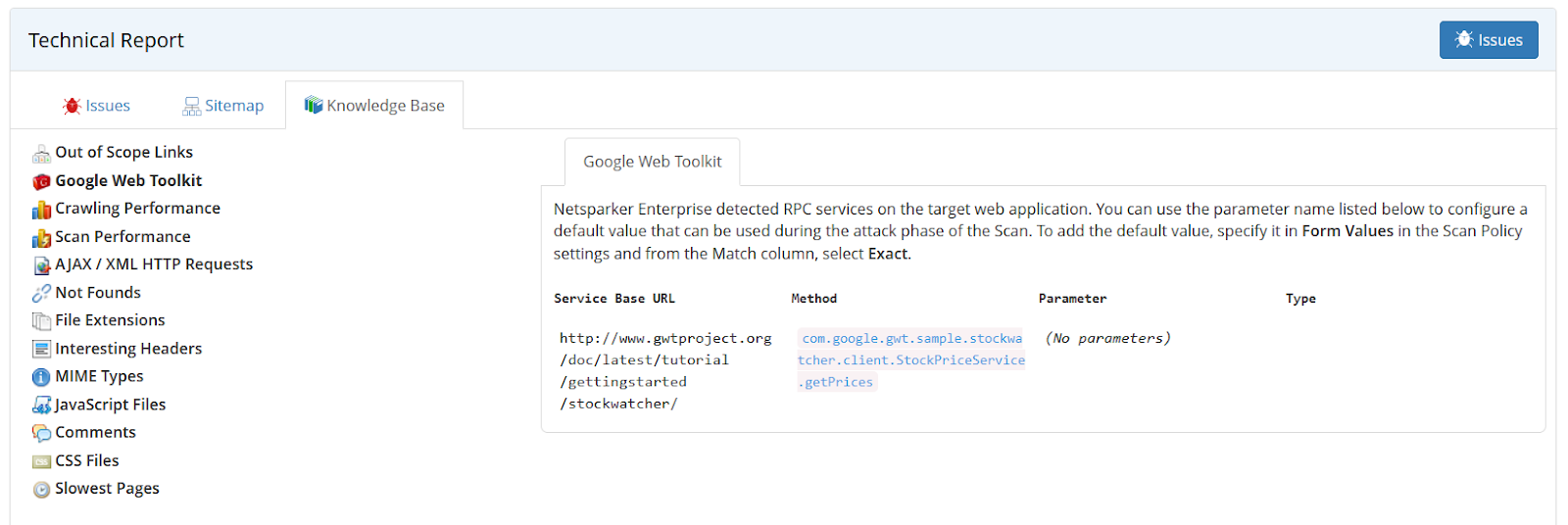 Google Web Toolkit node in Invicti Enterprise Knowledge Base showing GWT-RPC requests and parameters