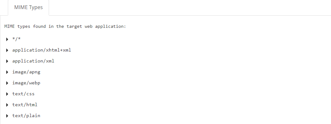MIME Types node in Invicti Enterprise Knowledge Base showing detected file types and content types