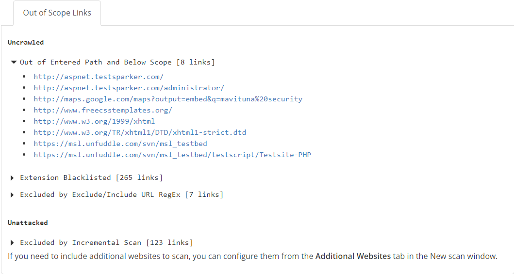 Out of Scope Links node in Invicti Enterprise Knowledge Base showing excluded links and their reasons