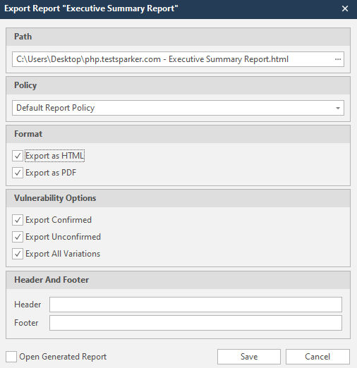 Export Report dialog in Invicti Standard.